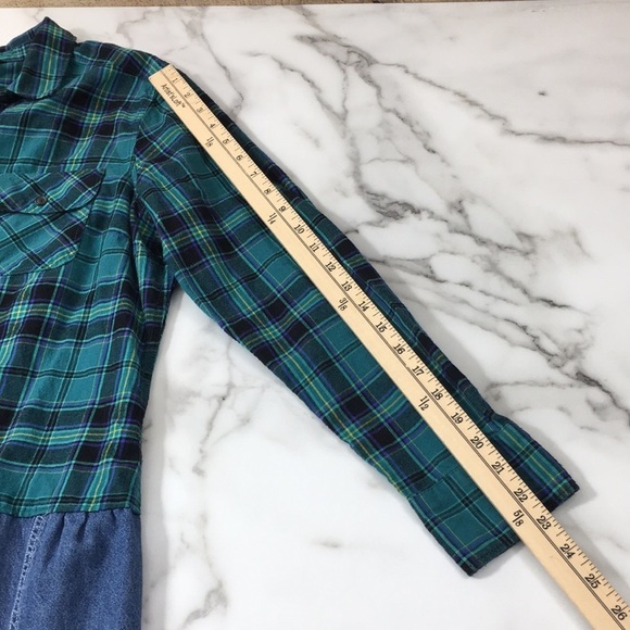 Eddie Bauer Green Blue Plaid Denim Contrast Button Up Shirt‎ Women's Large - Picture 11 of 12